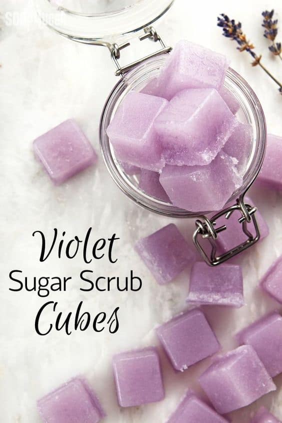 These Violet Sugar Scrub Cubes are made with melt and pour soap, oils and glycerin to create a product that foams yet feels incredibly moisturizing.
