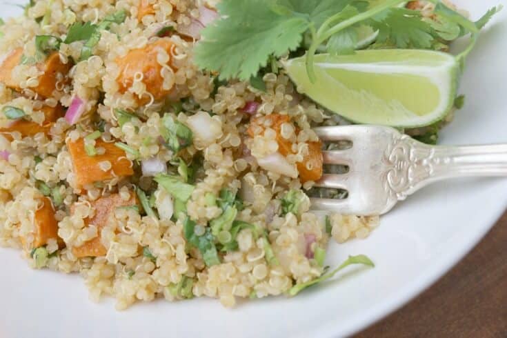 Pan Roasted Sweet Potato Quinoa Salad - loaded with lots of different flavors and packed with nutrition. Check out the easy recipe!