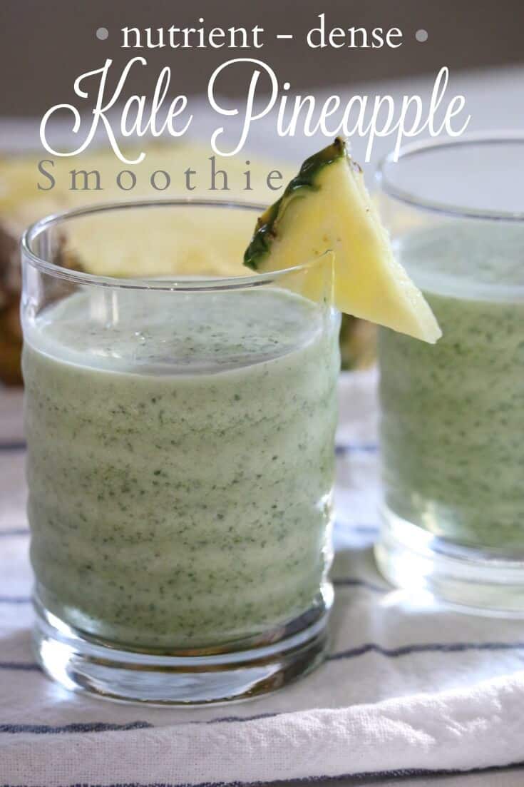 Smoothies are a great way to sneak in some of those unfavorable but nutrient dense ingredients. Like cooked kale. Easy to digest and full of nutrients, this kale pineapple smoothie is a healthy blend of tropical and earthy tones. #pineapple #kale #smoothie #healthyrecipe #organic