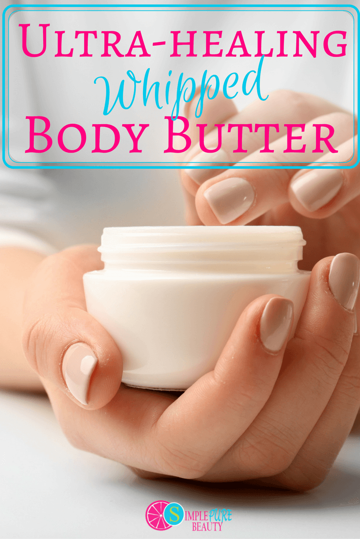 This Utra Healing Whipped Body Butter is just what you need to soothe your dry chapped skin. The combo of essential oils and butters feels and smells great. #bodybutter #skincare #diy #natural #organic #homemade #gifts