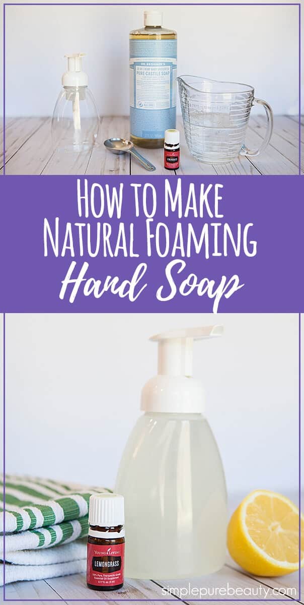 Make this DIY foaming hand soap with three simple ingredients. Once you see how easy it is you won't bother with comparing products in the store. #naturalcleaning #handsoap #essentialoils #soaprecipes #diyproject #greenliving #greencleaning