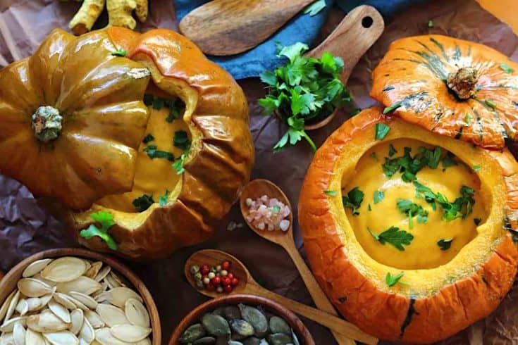 Roasted Low Carb Pumpkin Soup Recipe served inside Baked Pumpkin