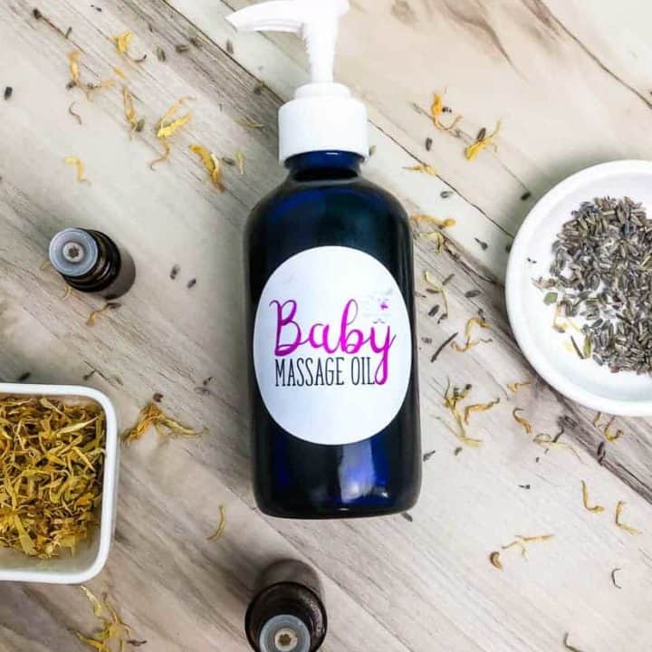 Best Baby Massage Oil Recipe Infused with Lavender and Rose in bottle on table