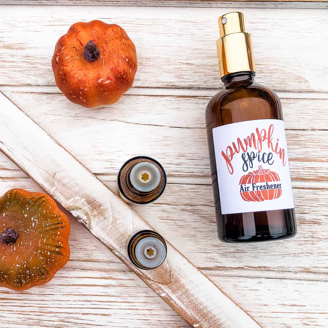 Bottle of diy pumpkin spice essential oil room spray.