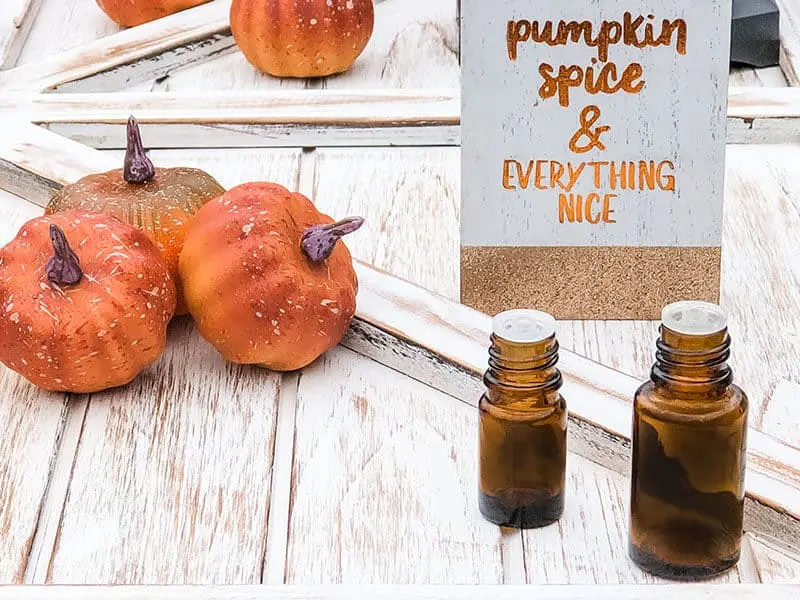 Bottle of diy pumpkin spice essential oil room spray.