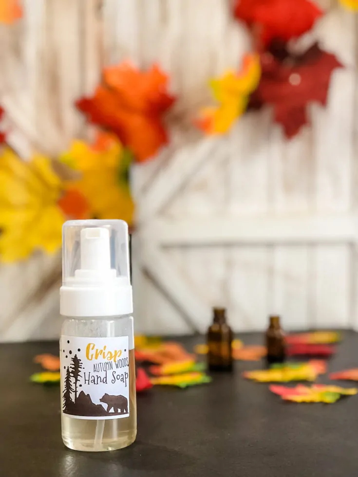 Bottle of fall foaming hand soap: autumn woods essential oil blend