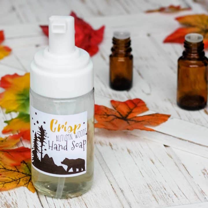 Bottle of fall foaming hand soap: autumn woods essential oil blend