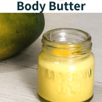 mango and jar of whipped mango body butter with spoon