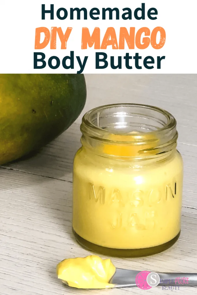 mango and jar of whipped mango body butter with spoon